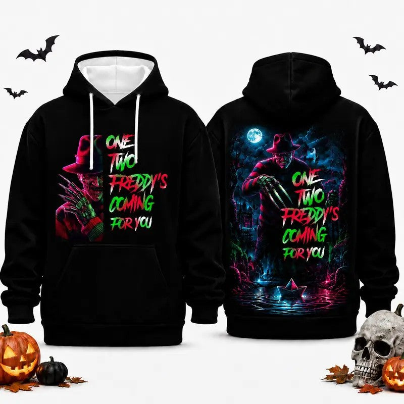 Neon Horror Villain Graphic Hoodie Double-Sided Retro Slasher Print Pullover Sweatshirt