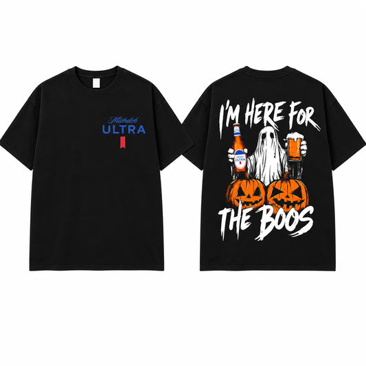 I'm Here For The Boos Funny Halloween Ghost Pumpkin Beer Drinking Vintage Graphic T-Shirt / Sweatshirt / Hoodie
